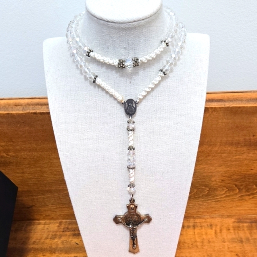 Crystal & White Cord Rosary Silver Tone Crucifix